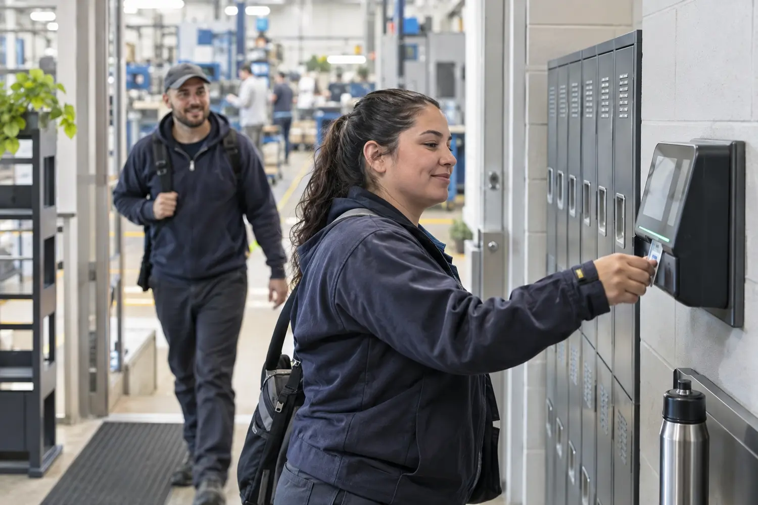 Employee arriving for work and using a time clock